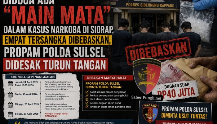 Diduga Ada “Main Mata” dalam Kasus Narkoba di Sidrap, Empat Tersangka Dibebaskan, Propam Polda Sulsel Didesak Turun Tangan
