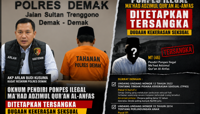 Pendiri Ponpes Ilegal Ma’had Adzimul Qur’an Al-Anfas Ditetapkan Tersangka Dugaan Kekerasan Seksual